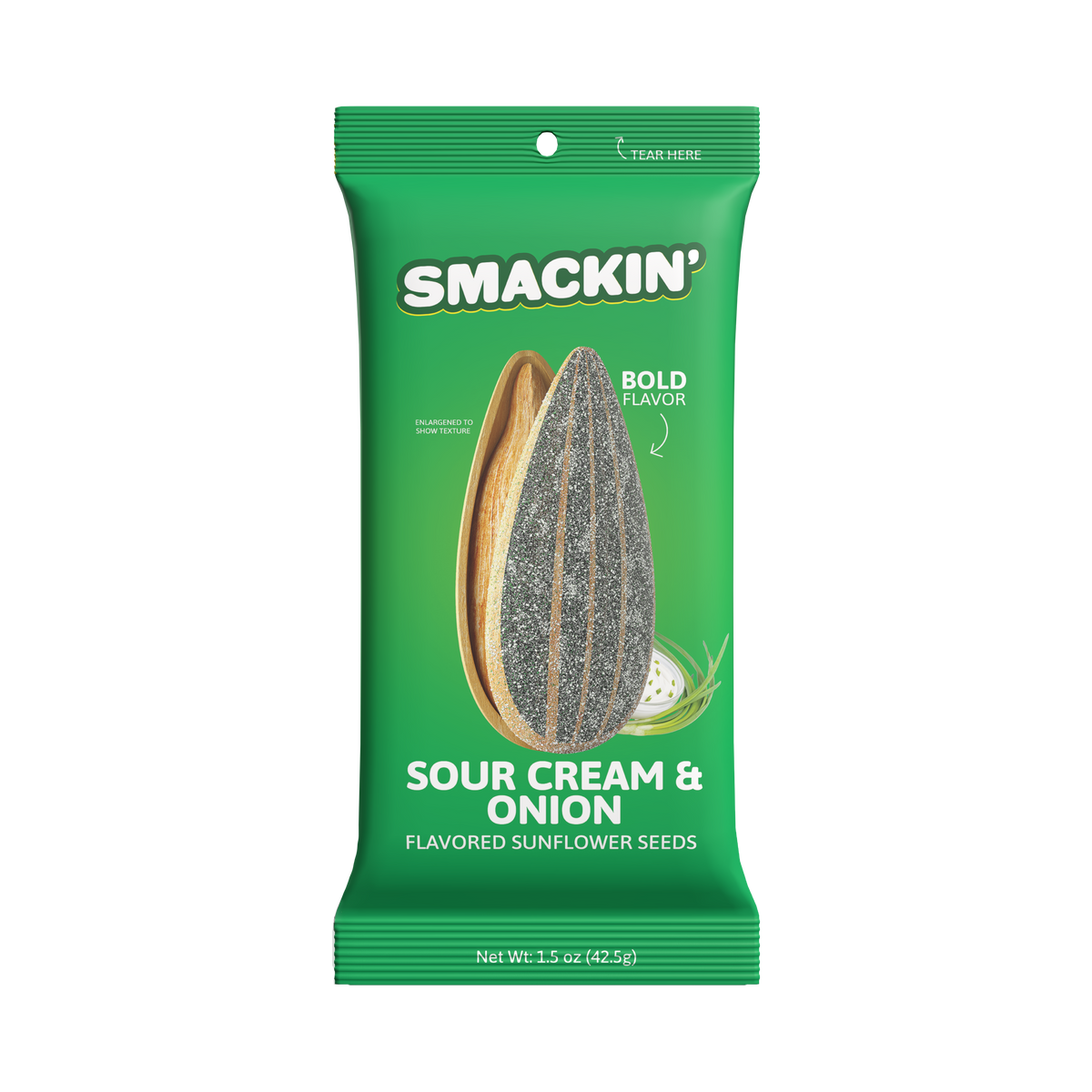 Green Smackin' Sour Cream & Onion Flavored Sunflower Seeds packet showing a large split sunflower seed covered in white and green seasoning with a small bowl of sour cream and chives and Bold Flavor text
