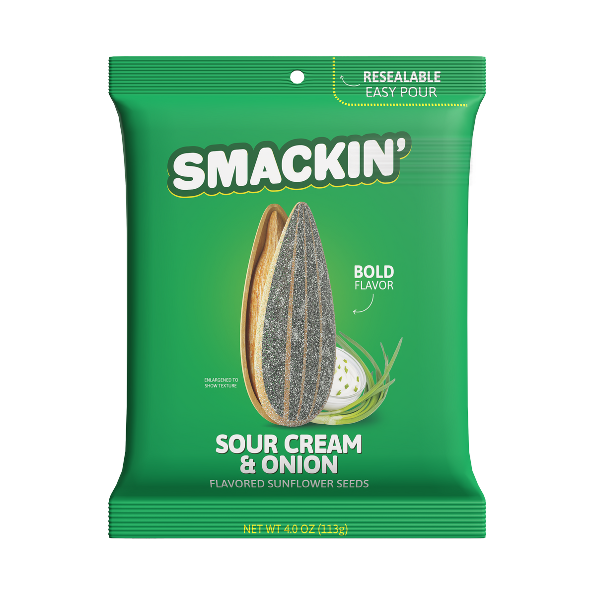 Product photography of a bright green Smackin' Sour Cream & Onion Flavored Sunflower Seeds bag featuring a large, textured sunflower seed, a bowl of sour cream with green onions, and "Resealable Easy Pour" and "Bold Flavor" text