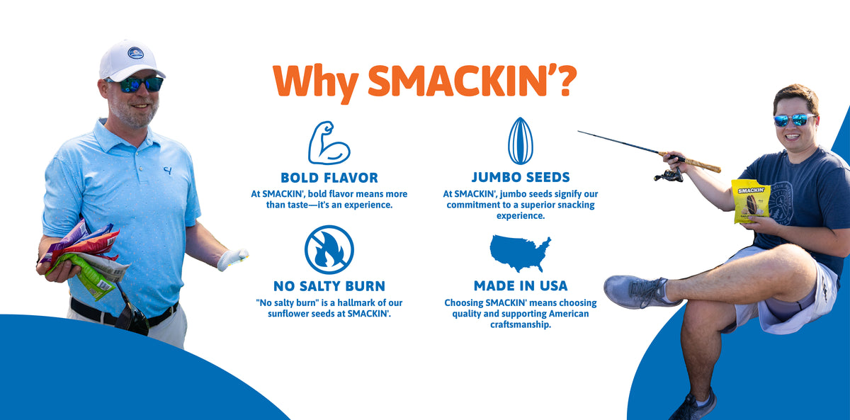 Promotional image for SMACKIN' sunflower seeds featuring a golfer in a light blue polo holding multicolored seed bags and a fisherman with a yellow bag and fishing rod, against a white and blue background detailing "Why SMACKIN'?" with bold flavor and jumbo seeds