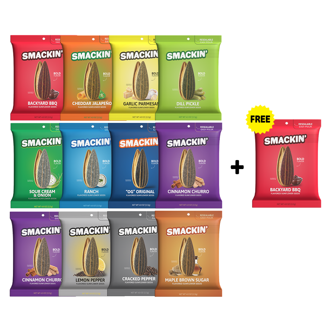 A vibrant collection of twelve Smackin' flavored sunflower seed bags featuring varieties like Backyard BBQ, Dill Pickle, and Maple Brown Sugar, complemented by a separate free bonus bag of Backyard BBQ
