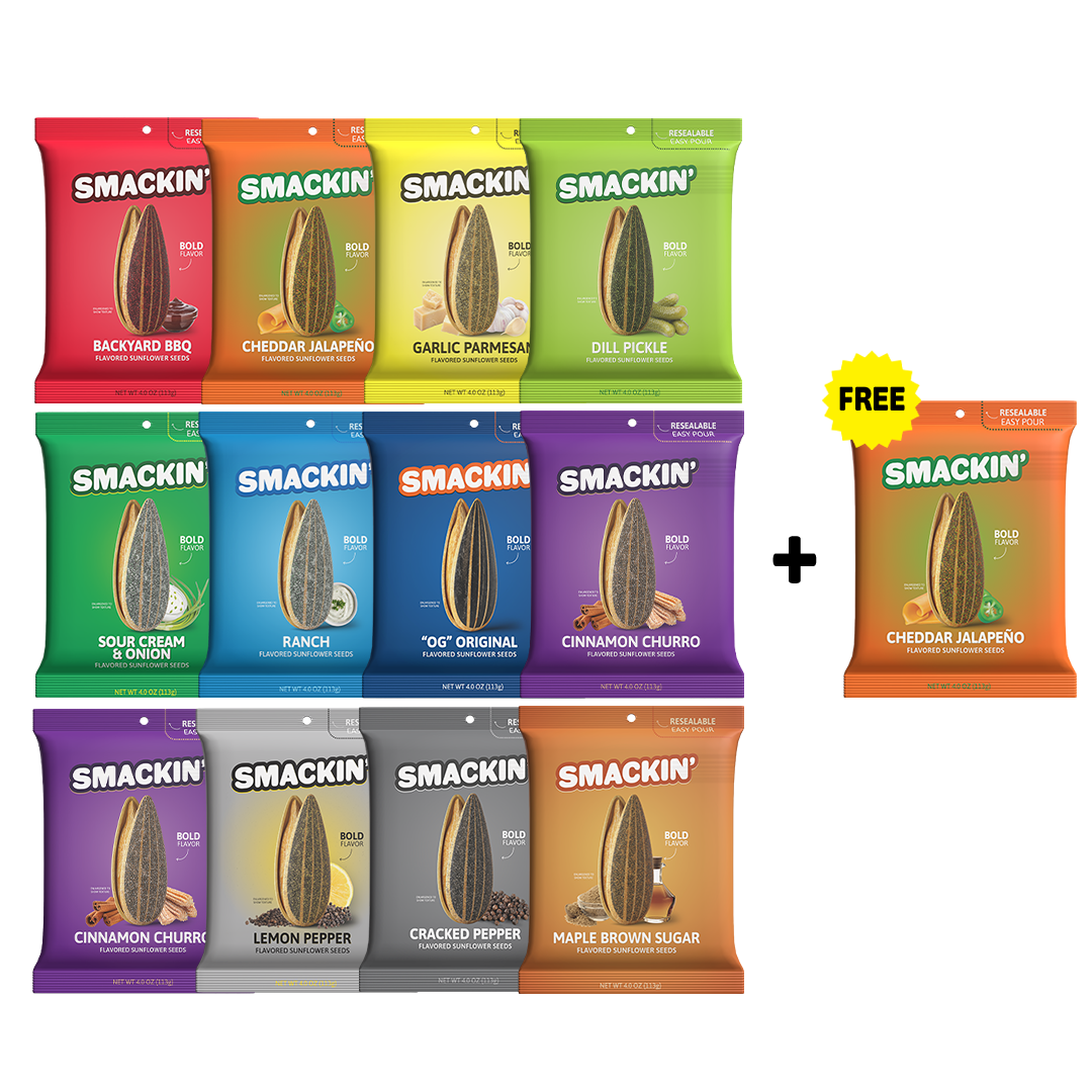 Product image of thirteen colorful Smackin' flavored sunflower seed bags featuring bold flavors like savory Cheddar Jalapeño and sweet Maple Brown Sugar, with a prominent yellow "FREE" bonus bag of Cheddar Jalapeño on the right