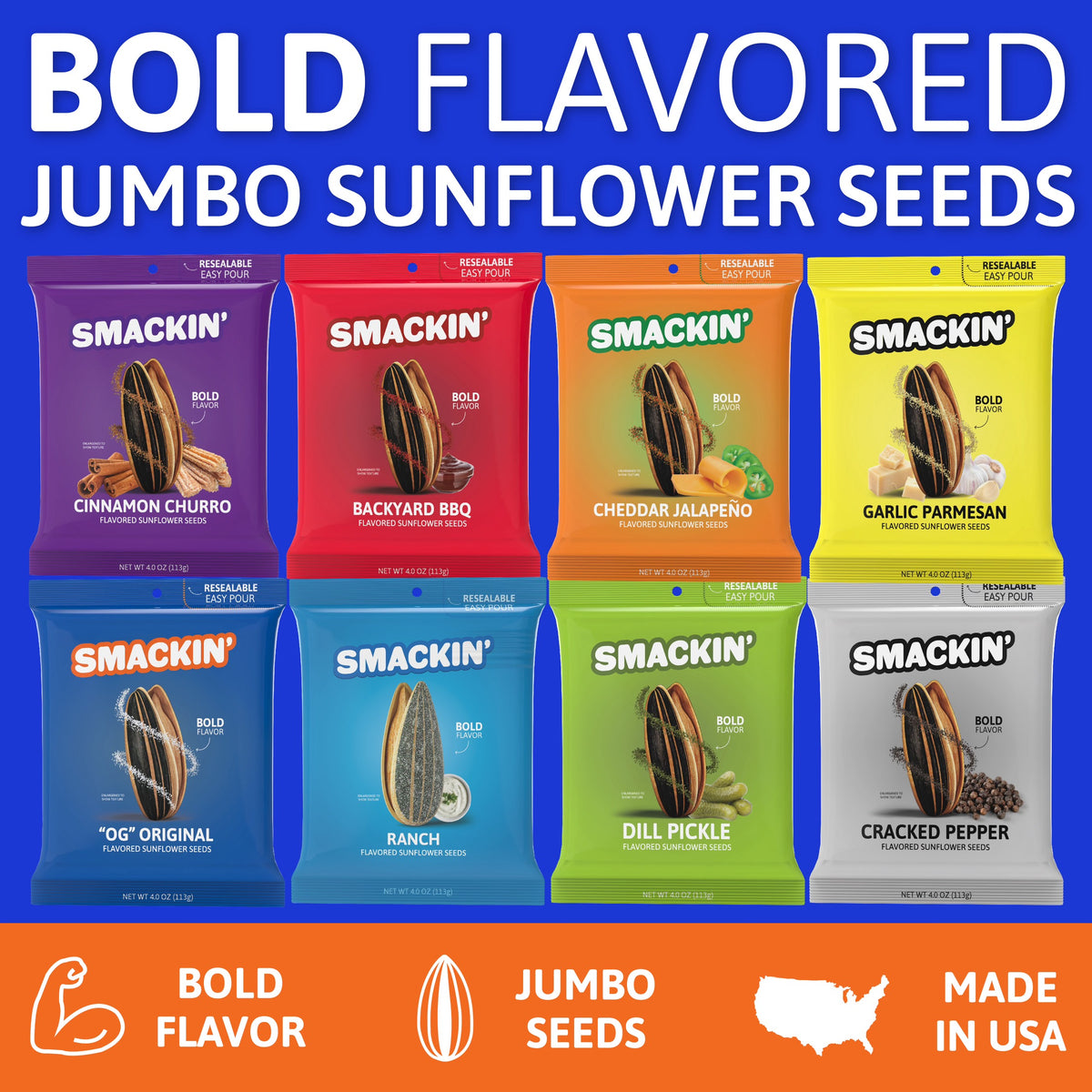 Product photograph of Smackin' Bold Flavored Jumbo Sunflower Seeds, Made in USA, showcasing eight vibrant resealable bags in purple, red, orange, yellow, blue, teal, green, and gray, each highlighting flavors such as Cinnamon Churro, Garlic Parmesan, and Dill Pickle with enlarged seeds and ingredients