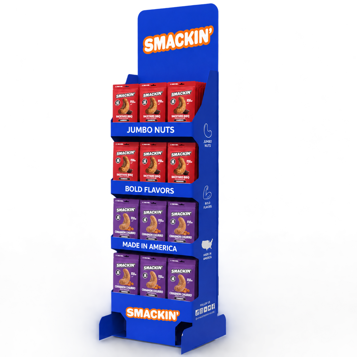 SMACKIN’ cashew retail display with 24 Backyard BBQ and 24 Cinnamon Churro bags, angled view