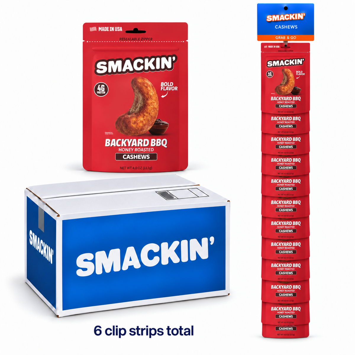 SMACKIN' Backyard BBQ cashew mastercase with six retail clip strips