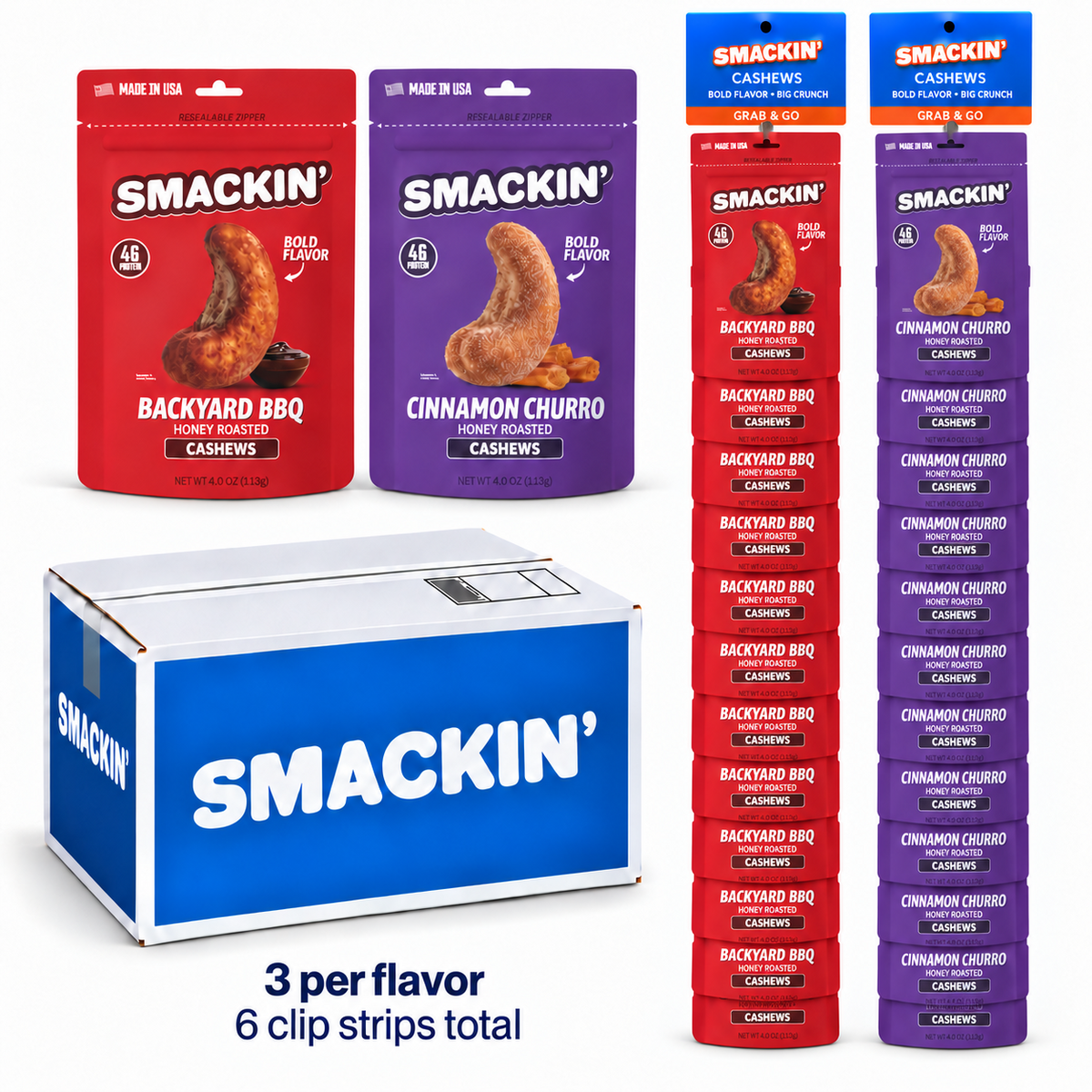 SMACKIN' Backyard BBQ & Cinnamon Churro cashew mastercase with six retail clip strips