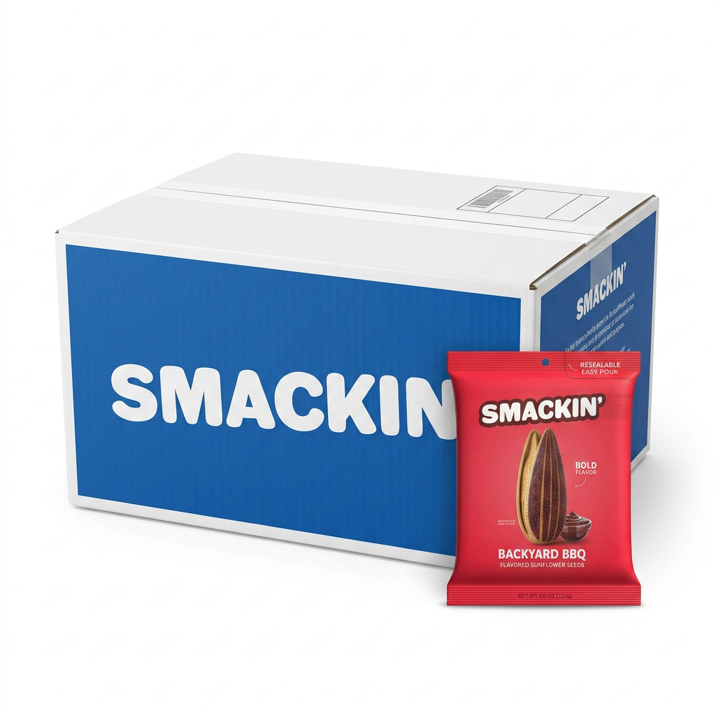 A white cardboard display box with a large blue "SMACKIN'" logo stands behind a vibrant red resealable pouch of "Smackin' Backyard BBQ Flavored Sunflower Seeds" displaying a prominent dark brown sunflower seed and barbecue sauce swirl