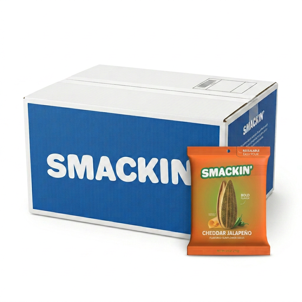 Product photo of a large blue and white Smackin' brand cardboard box alongside an orange single-serving packet of Smackin' Cheddar Jalapeño flavored sunflower seeds, prominently featuring images of a sunflower seed, cheese curl, and green jalapeño peppers