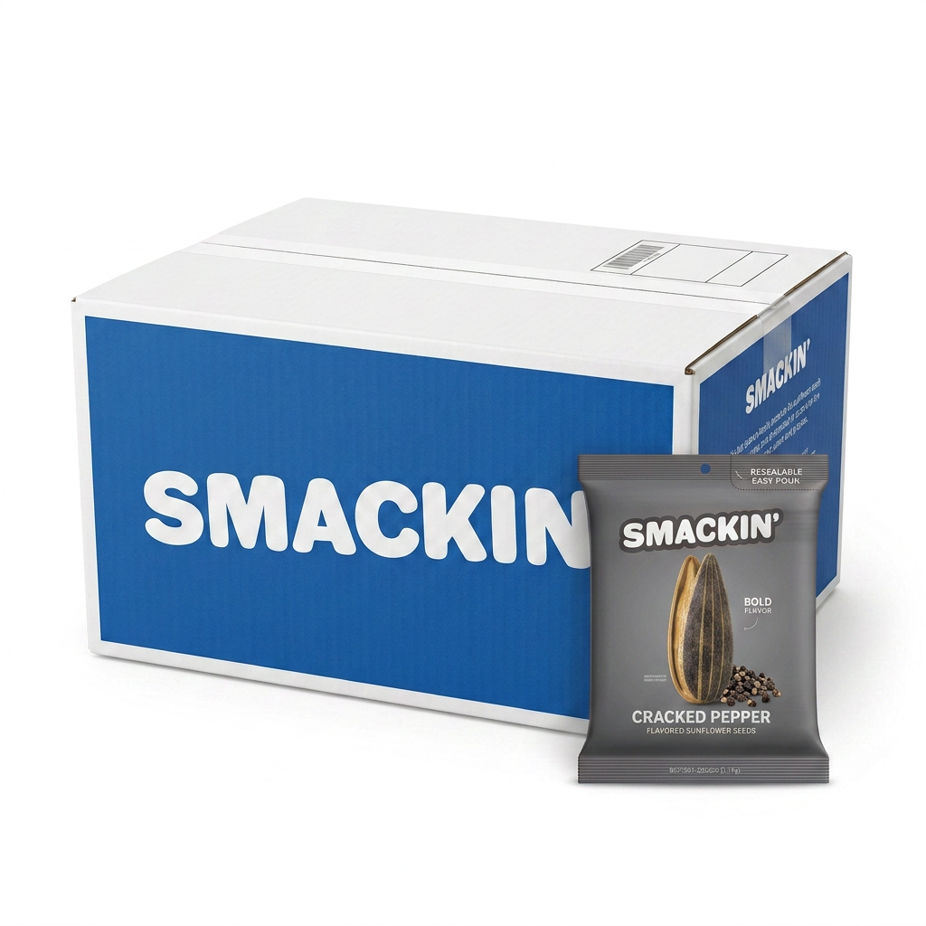 White and blue SMACKIN' branded cardboard display box next to a single gray resealable pouch of SMACKIN' Cracked Pepper flavored sunflower seeds featuring an illustration of two sunflower seeds and peppercorns