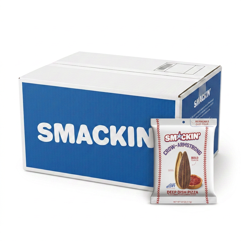 Digital photograph of a blue and white SMACKIN' branded box alongside a white packet of Crow-Armstrong Deep Dish Pizza flavored sunflower seeds featuring red baseball stitching and an illustration of a large seed and pizza slice on a clean white background