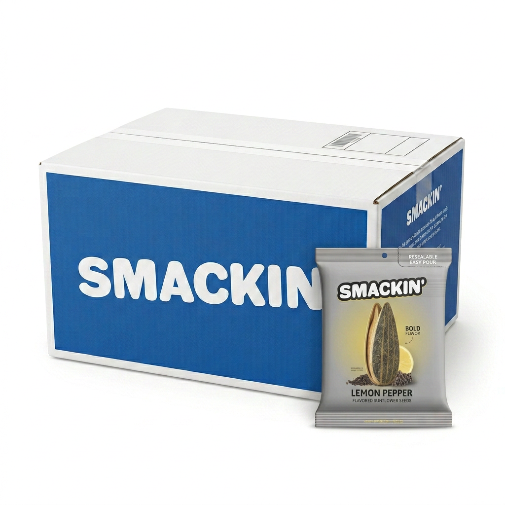 Product photo of a large white and blue Smackin' branded cardboard carton alongside a gray resealable pouch of Smackin' Lemon Pepper flavored sunflower seeds, prominently displaying a sunflower seed and lemon wedge against a clean white background