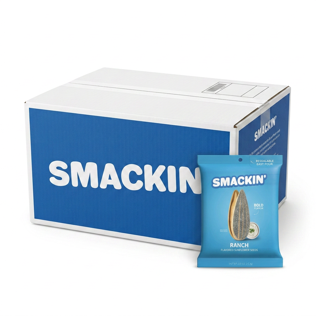 A product photograph of a white and blue Smakin' branded bulk box of sunflower seeds next to a light blue individual pouch of Smakin' Ranch flavored sunflower seeds displaying a large seed and ranch dip marked with resealable easy pour and bold flavor