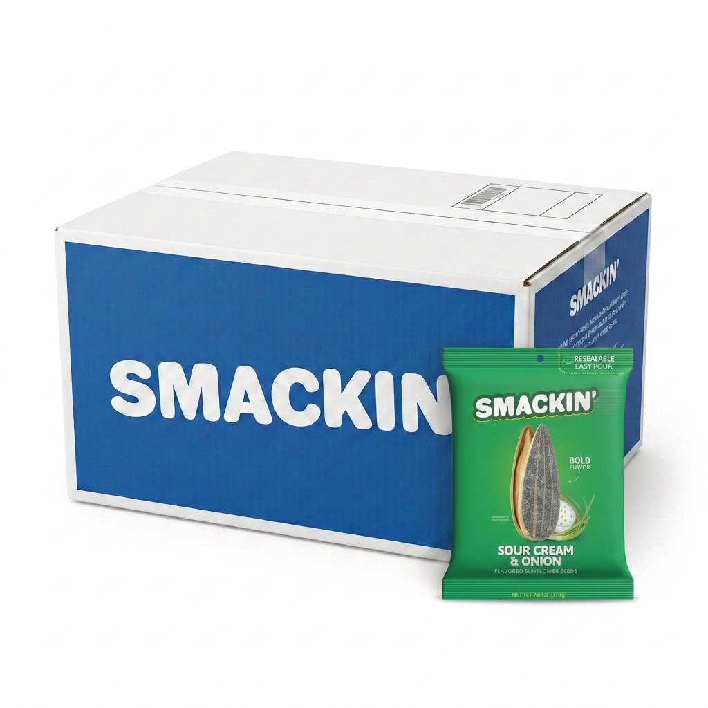 A white cardboard box displaying a large blue "SMACKIN'" logo stands next to a vibrant green bag of "SMACKIN' Sour Cream & Onion" flavored sunflower seeds featuring a cracked seed image and text for "Bold Flavor" and "Resealable Easy Pour"