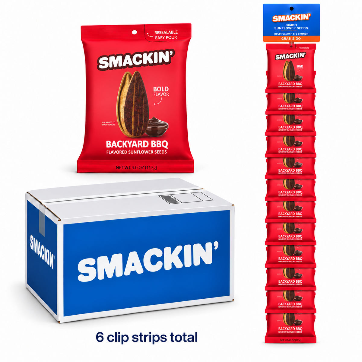 SMACKIN' Backyard BBQ sunflower seed mastercase with six retail clip strips