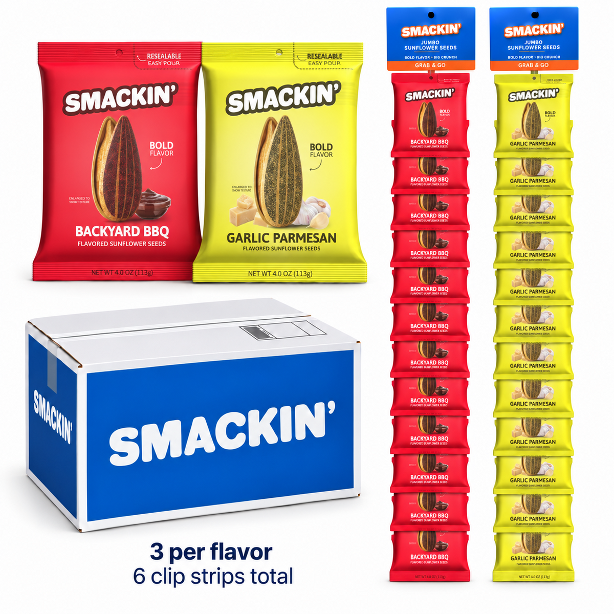 SMACKIN' Backyard BBQ and Garlic Parmesan sunflower seed mastercase with six retail clip strips, three per flavor