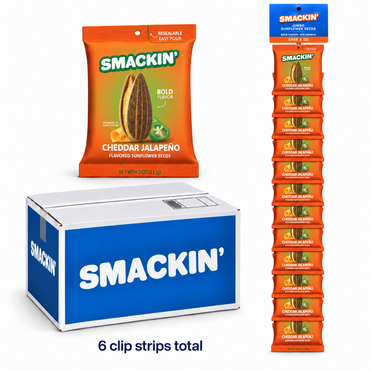 SMACKIN' Cheddar Jalapeño sunflower seed mastercase with six retail clip strips