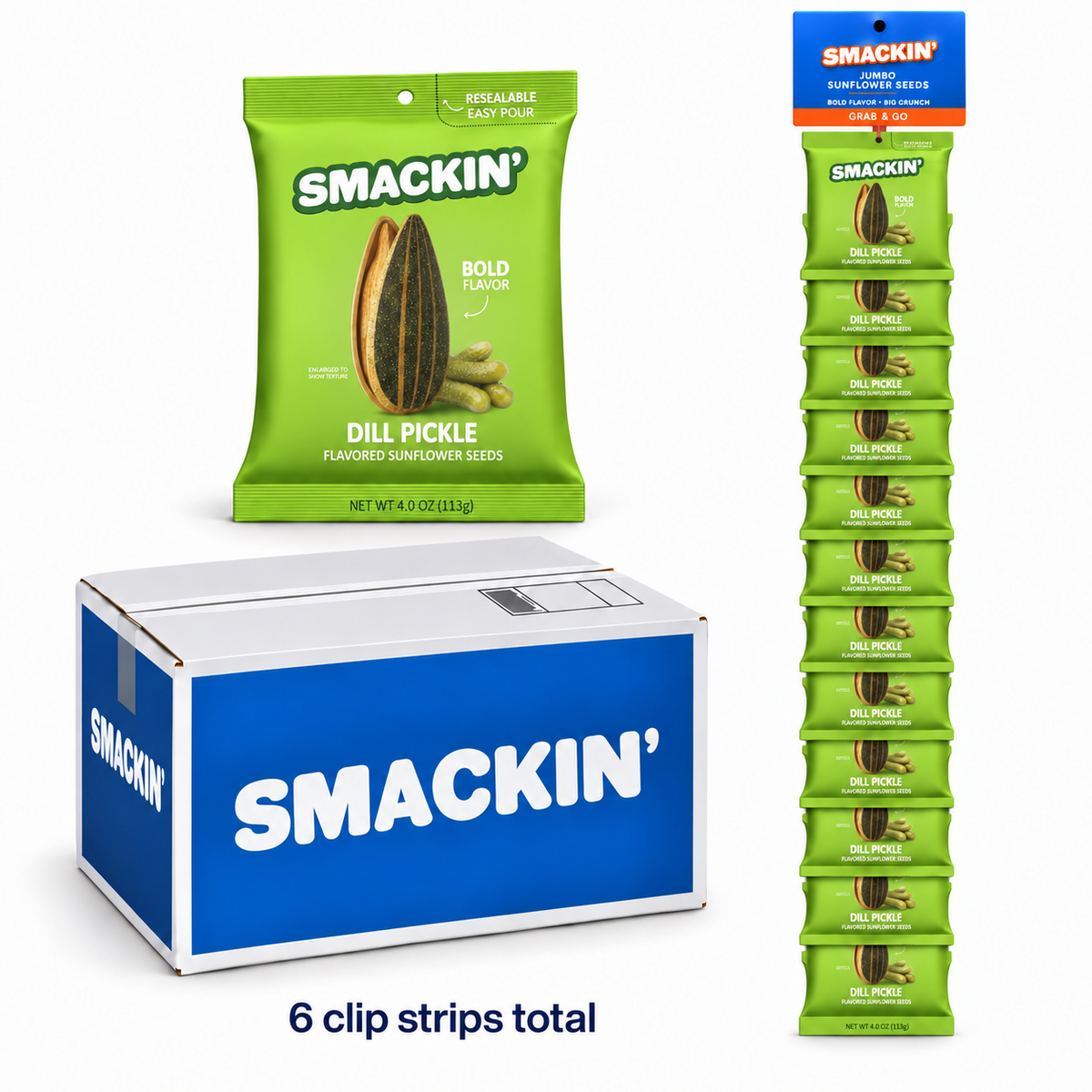 SMACKIN' Dill Pickle sunflower seed mastercase with six retail clip strips