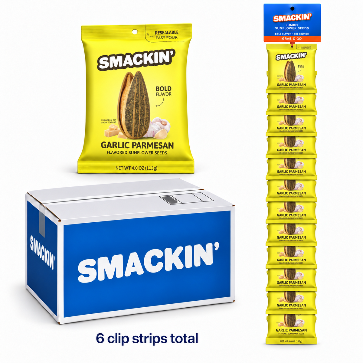 SMACKIN' Garlic Parmesan sunflower seed mastercase with six retail clip strips